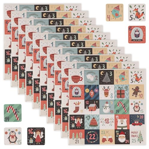 10 Sheets Christmas Advent Stickers, 25-Days Christmas Calendar Fillers Countdown Number 1-25 Stickers Gift Sealing Paper Tag Labels for Xmas Kids Craft Countdown Holiday Decoration