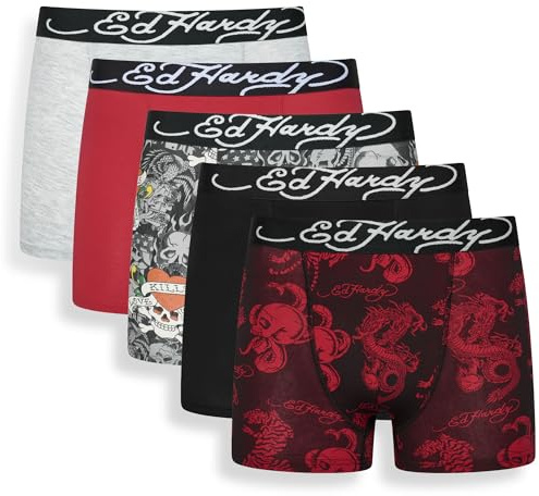 Ed Hardy Men's Novum Boxer Shorts Multipack, 5 Pack, Assorted Colours | Breathable 95% cotton, 5% elastane, elasticated logo waistband and secure fit for daily wear, 5 pack; Assorted Colours