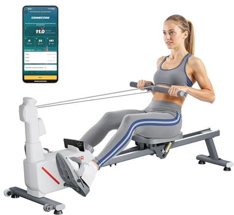 VEVOR Máquina de Remo Magnética Silenciosa, con 16 Niveles de Resistencia Ajustables, con Rieles Deslizantes Dobles y Pantalla LCD, Compatible con Aplicación Bluetooth, 1450 x 480 x 585 mm, Blanco