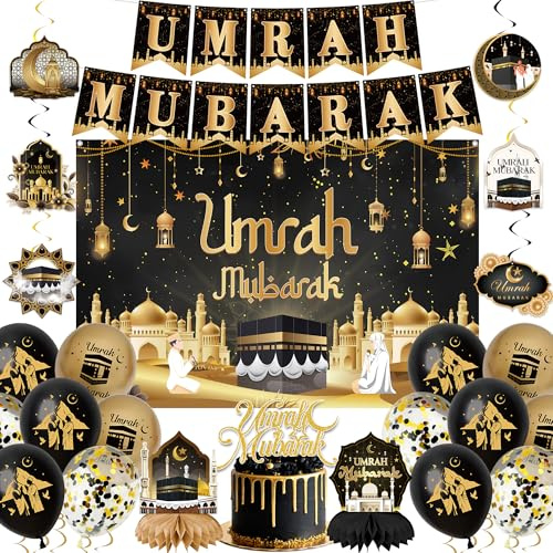 Umrah Mubarak Deko Ballons Banner - Hajj Dekoration Hintergrund Luftballons Girlande und Tortendeko, Hängende Swirls für Muslim Party Islamische Festival Dekorations