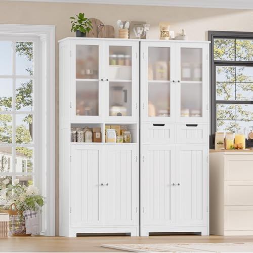 HOCSOK 2er-Set Sideboard, 170cm Küchenschrank Hoch, Buffetschrank mit 4 Türen und 2 Schubladen, Badezimmerschrank Hoch, Moderner Stil