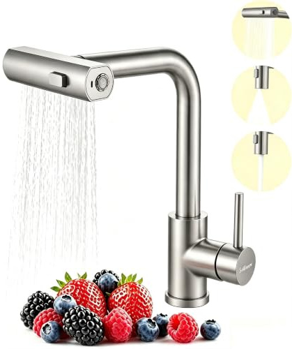 Wasserhahn Küche,Hochdruck Küchenarmatur mit Ausziehbar Brause,Wasserfall Armatur Küche mit 3 Strahlarte,360° Drehbar Spültischarmatur, Mischbatterie Küche,Edelstahl Gebürstet