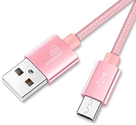 ameego 3.1amp Fast Charge Strong Nylon Braided Tangle-Free Micro USB Data Charger Cable for Samsung, HTC, Nokia, Sony, Kindle, PS4, Speaker, Power Bank and More Micro USB Devices - 6.6ft (Rose Gold)