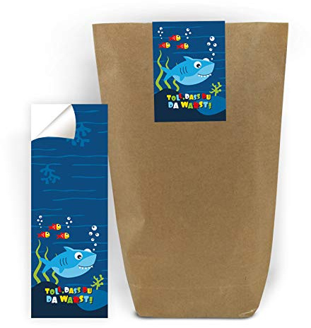 12 Geschenktüten + 12 Aufkleber Hai für Mitgebsel Gastgeschenk beim Geburtstag Kindergeburtstag Hochzeit Taufe Jungen Jungs Mädchen (12 Tüten + 12 Aufkleber)