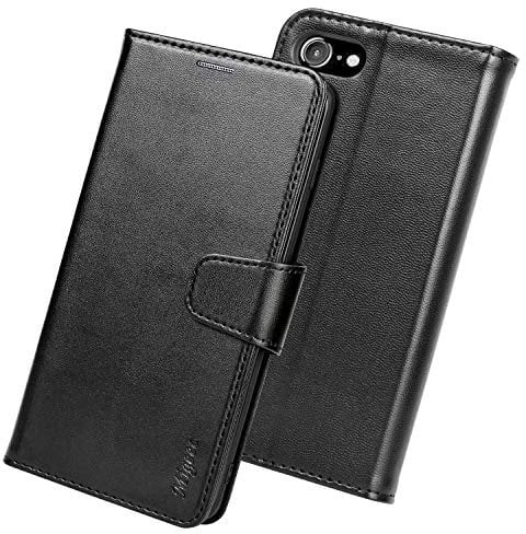 Migeec Case for iPhone 7/8 Genuine Leather Wallet Phone Case With Card Holder and Pocket, Black