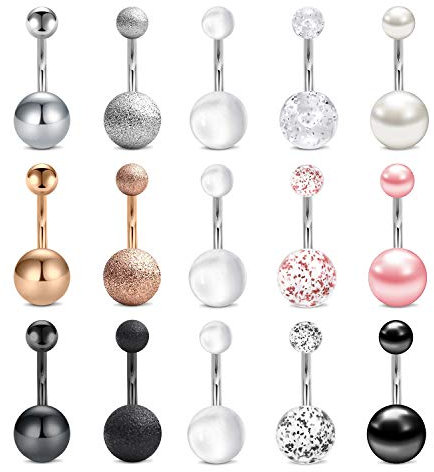Mayhoop 15Pièces Piercing Nombril 14G 10mm Acier Chirurgical Anneaux de Nombril Boule Perle Bijoux de Piercing Corps