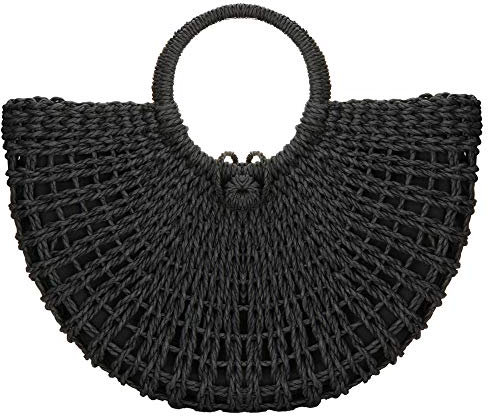 Sac en paille pour femme - Sac fourre-tout en rotin tressé à la main - Style bohémien - Pour la plage, les voyages - Utilisation quotidienne - Noir - taille unique