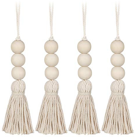 GARNECK 4 Piezas Guirnalda Nórdica de Cuentas de Madera Hecha a Mano con Borlas Adorno Decorativo de Pared Rústico Tejido Colgante de Pared