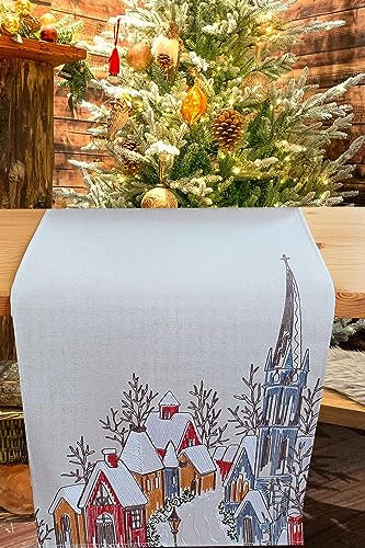 KAMACA Tischläufer 40x140 cm mit filigraner Stickerei Küche Esstisch Tisch Dekoration Eyecatcher in Herbst Winter Weihnachten (Dorf mit Kirche)