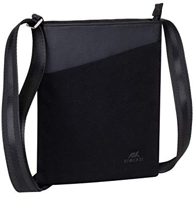 Rivacase Umhängetasche Crossbody Tasche für Tablets bis 8 Zoll - modische Schultertasche für Herren aus hochwertigem Kunstleder und Canvas/Schwarz