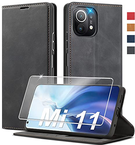 Nshkeji mi 11 handyhülle für xiaomi hülle leder 1 stück tempered glass standfunktion kartenslot 5g klapp flip case cover schutzhülle