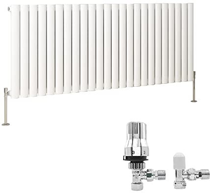 NRG 600x1416mm Gloss White Designer Radiator Horizontal Oval Column Single Panel Radiators Bathroom Central Heating with Free Thermostatic Valves