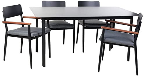 OUTLIV. Dininggruppe Lorenzo 5-TLG. Aluminium, Wetterfest, Inkl. Kissen, Eukalyptusholz-Armlehnen, Anthrazit, Tisch 160x90x74 cm, Stühle 58x55x81 cm