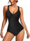 Donna Costume da Bagno Contenitivo Push Up a Vita Alta Costumi da Mare Elegante Scollo a V Bodysuit One Piece Monokini (M, Nero)