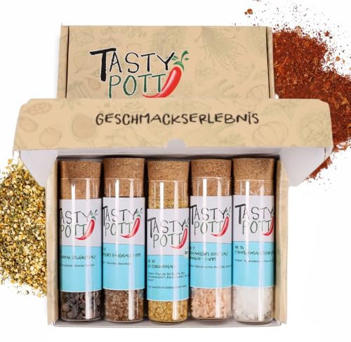 Tasty Pott Dank-Box I Gewürz-Set I Geschenk Idee für Familie und Freunde I Würzig I Spices I Gewürzmischungen I Gewürz im Glas I Geschenk Set (Salz Kombinationen, Viel Spaß und guten Hunger wünscht)