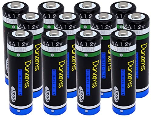 12pk Dunamis 1.2v AA 1300mAh NiMH Rechargeable Batteries - MEDIUM CAPACITY Suitable for most standard uses.(AA 1300mAh, 12 Pack)