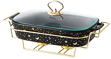 XQKXHZ Ceramics Full Size Chafing Dish Buffet Set, Rectangular Chafers for Catering, Chafer Dish Set with Fuel Holder, Chaffing Servers with Glass Covers, Food Warming for Parties,Black,S