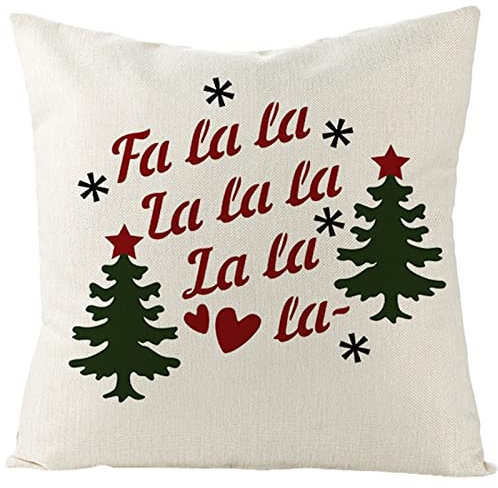 AmDxD Funda de almohada de 50 x 50 cm, 2 cojines de árbol de Navidad, copos de nieve, FA La La La, de lino, para el hogar, salón, dormitorio, oficina, sofá, decoración, color blanco