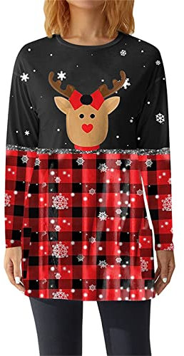 Women Christmas Tunic Shirts Long Sleeve Plaid Elk Print Loose Mini Dress Graphic Blouse Pullover with Pockets (A-Black Plaid, M)