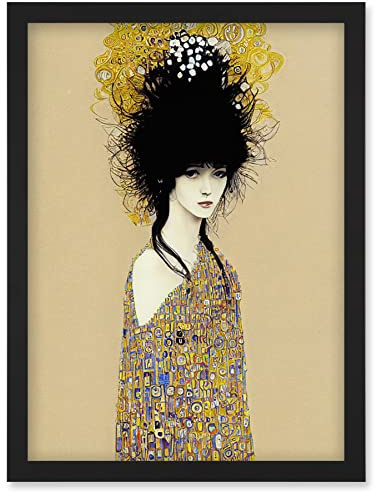 Wee Blue Coo Woman in Klimt Style Dress Gold Black Painting Artwork Framed Wall Art Print A4