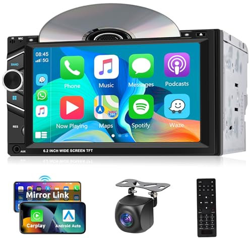 Double Din Touchscreen Car Stereo with CD/DVD Player CarPlay Android Auto, 6.2 Inch Car Radio Steering Wheel Control Bluetooth Mirror Link USB/TF/AUX FM Radio + Backup Camera