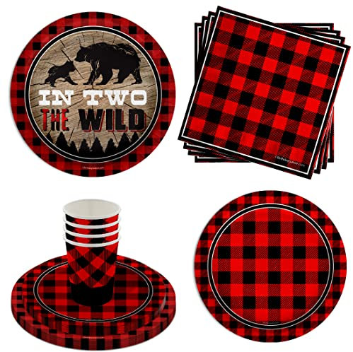 Boys 2nd Birthday Party Supplies - Wild Animal Paper Plates Napkins Cups - Kit for 16 (In Two the Wild Buffalo Plaid, 64 Piece)
