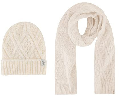 U.S. POLO ASSN. Damen Mütze Set, Diamant Pailletten Zopfmuster Wintermütze und Schal Beanie, Elfenbein, Einheitsgröße