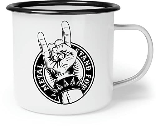 OM3® Tasse en émail cool avec main en métal - Metalhand Devils Horn Hardrock Music - Tasse émaillée - 300 ml - Imprimé des deux côtés - Blanc/noir