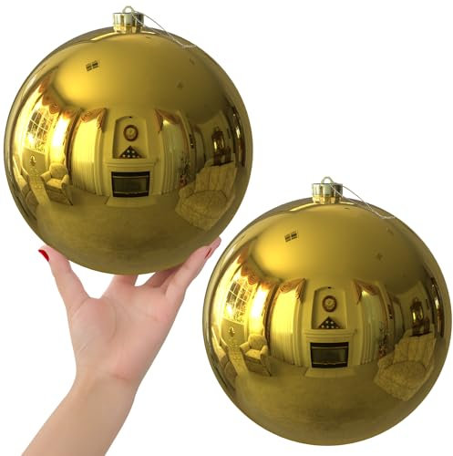 Gold 8.0 Christmas Balls Ornaments - Extra Large Christmas Tree Decoration Shatterproof Hanging Shiny Balls for Birthday Holiday Wedding Decorations Set of 2pcs