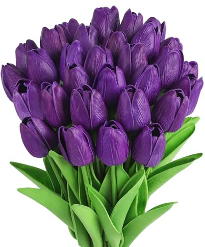 MACTING Künstliche Tulpen, Violett, 30 Stück, fühlen sich echt an, Kunstblumen für Hochzeiten, Blumenarrangements, Innen- und Außendekoration