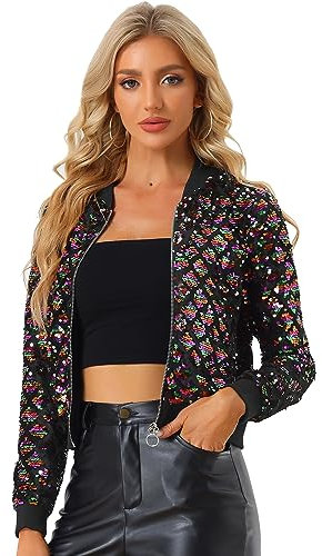 Allegra K Damen Bomberjacke Langarm Glitzer Reißverschluss Pailletten Jacke, bunt, M
