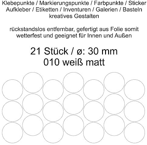 Aufkleber Etiketten Klebepunkte aus Folie 21 Stück weiß matt rund 30 mm selbstklebend farbig wetterfest Decal Markierungen Organisieren DIY basteln verzieren Modellbau Scrapbooking
