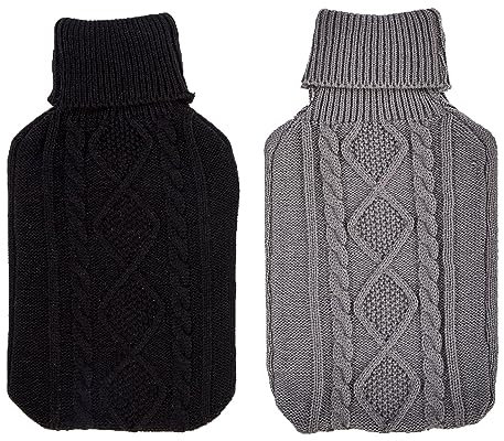 2 x Hot Water Bottles - Luxury Cosy Cable Knit Fleece Cover - Natural Rubber 2 Litre Capacity - (Black and Charcoal)