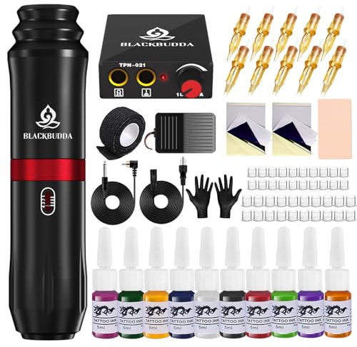 Blackbudda Tattoo Maschine Set, Rotary Tattoo Maschine Set für Profis mit Power und Pigment, 10 Stück Patronen Nadeln(Schwarz)