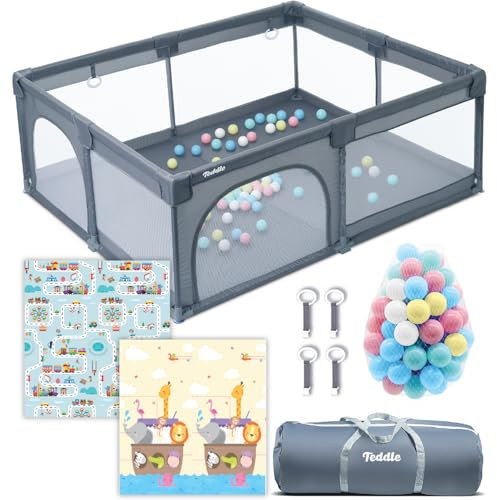Teddle Laufstall Baby – Inklusive doppelseitige Spielmatte - Laufgitter Baby mit 50x Spielbälle - 180 x 150 cm – Playpen für Innen und Draußen – Grau