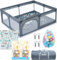 Teddle Laufstall Baby – Inklusive doppelseitige Spielmatte - Laufgitter Baby mit 50x Spielbälle - 180 x 150 cm – Playpen für Innen und Draußen – Grau
