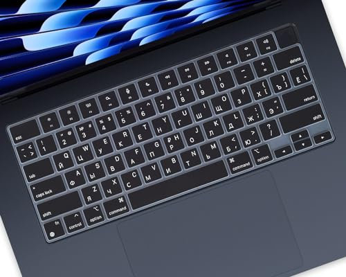 CASEDAO Protection de clavier silicone noir compatible avec MacBook Air 15,3 M2 A2941 2023 et MacBook Air 13,6 A2681 M2 pour russe et anglais
