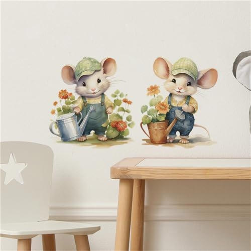 Wildlife Cute Animal Wall Decals Mice Watering Flowers Wall Stickers Peel and Stick Removable Living Room Bedroom Entrance Wall Art Murals Kids Baby Girls Nursery Dormitory Wall Decor Home Decoration