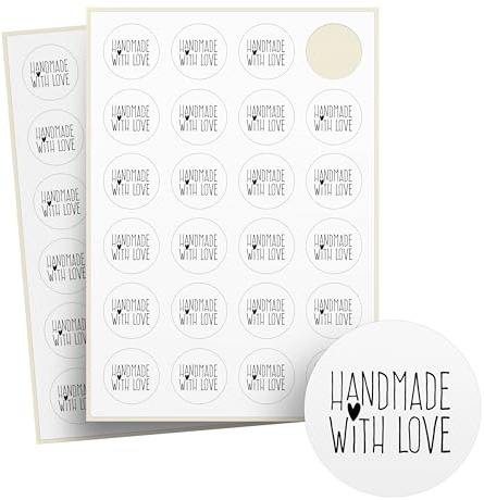 Aufkleber Handmade with Love – 48 Stück auf Bogen – Recyclingpapier, rund – Ø 4 cm – als Sticker oder Etiketten für Hochzeit, Weihnachten – handgemacht, Marmeladen, Kerzen - KLEINES HERZ