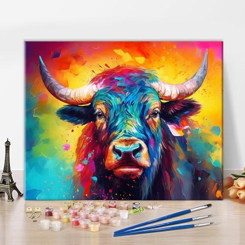 TISHIRON Kuh Malen nach Zahlen Kits, Malen nach Zahlen für Erwachsene Kinder Anfänger, abstrakte bunte Tier Ölgemälde nach Zahlen auf Leinwand mit Pinsel und Pigment, 16x20 Zoll, rahmenlos