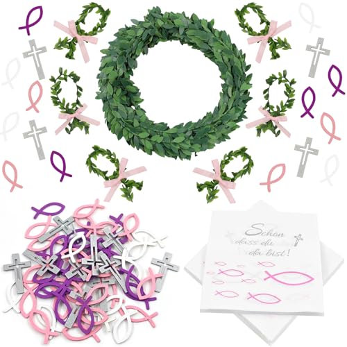 87 Stück Kommunion Dekoration Set, Kommunion Taufe Tischdeko, Konfirmation Deko Taufe mädchen, Servietten für Konfirmation Kommunion Taufe Tischdeko, Tischdeko Konfirmation Streudeko