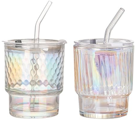 NAVESO Vasos Acanalado, 2 Piezas Taza de Vidrio con Tapa y Pajita, 400ML Tazas de Agua de Vidrio Transparente a Rayas, Tazas de Té de Burbuja