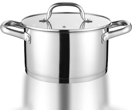 Herogo Olla de 20 cm, 3,8 L, acero inoxidable, para inducción, con tapa de cristal, para fideos, para todo tipo de cocinas, sin pintar y apta para lavavajillas