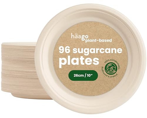 HAAGO 200 Eco Disposable Sugarcane Plates, 10 Inch (26cm) – Natural Colour Strong Paper Plates, Biodegradable & Compostable Dinner Plate for Hot & Cold Food – Sturdy & Heavy Duty