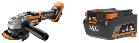 AEG - Meuleuse 18V Brushless 125 mm (Sans Batterie) - Moteur Haute Performance - Réglage du Carter & Batterie Pro Lithium 18 V PRO18V 4,0 Ah Compatible avec Tous Les Outils PRO18V et SUBCOMPACT