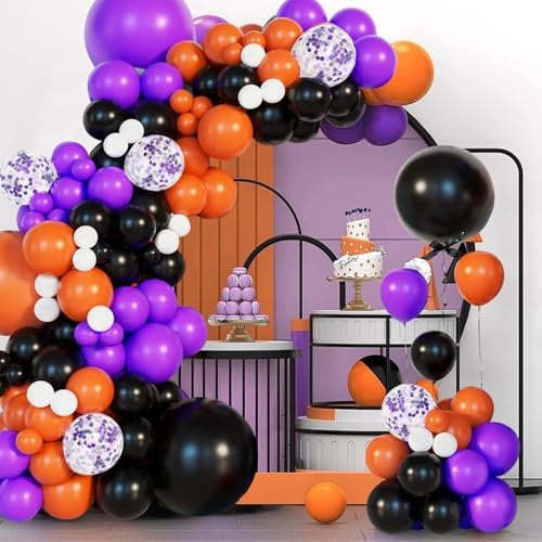 Halloween Palloncini Ghirlanda Kit, 111 Pezzi kit palloncini addobbi per feste di Halloween nero arancione viola con palloncini coriandoli, palloncini in nero viola arancione decorativi per Halloween