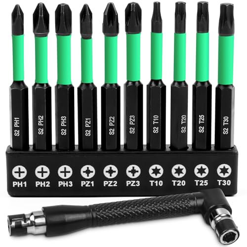NICAVKIT Lot de 10 embouts de tournevis de 70 mm de long,Torx, PZ et PH Embout Visseuse Cruciforme avec tête magnétique puissante, tige hexagonale 1/4, phosphide noir