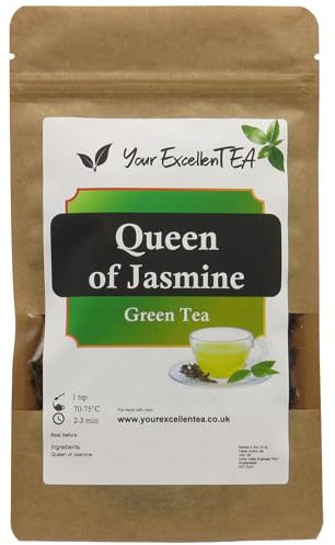 Queen of Jasmine Chinese Loose Leaf Green Tea, Floral & Smooth, 100g | Delicately scented with jasmine blossoms for a fragrant, balanced cup with light sweetness and clean finish, warm or iced.