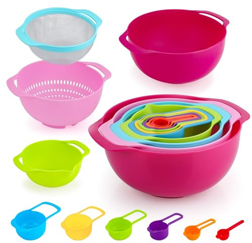 WENLISELL 10 PCS Kitchen Mixing Bowls Set Plastic, Multicolour Nesting Mixing Bowls with Measuring Spoon, Sieve and Colander, Plastic Serving Bowls for Cooking and Baking