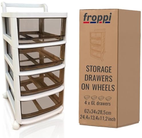Froppi Pre-Assembled Plastic Storage Drawers on Wheels | 4-Drawer Under Desk Storage with Attachable Handle L28.5 W34 H62 cm White/Coffee
